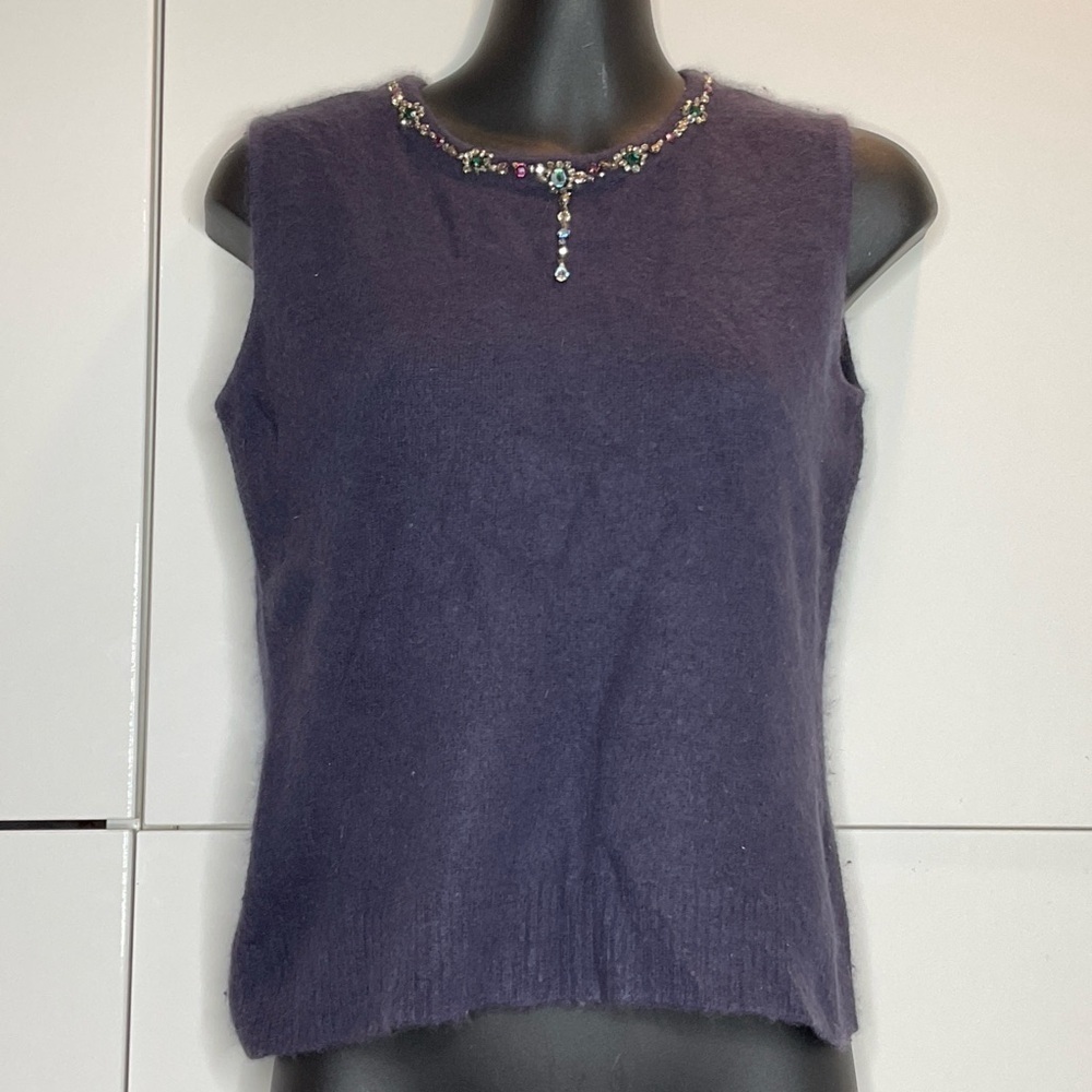 Vintage pure cashmere smoky grey sleeveless sweater w/ glass rhinestone small